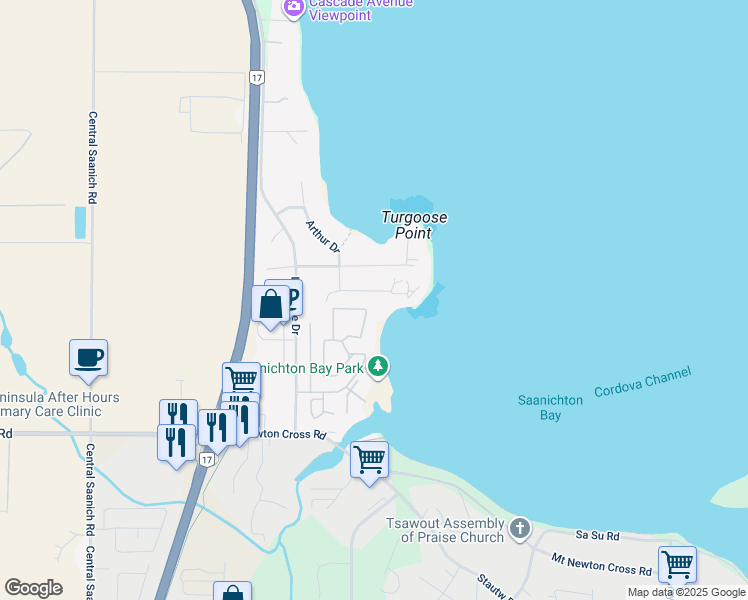 map of restaurants, bars, coffee shops, grocery stores, and more near 2629 Lancelot Place in Saanichton
