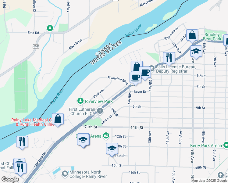map of restaurants, bars, coffee shops, grocery stores, and more near 107 Park Avenue in International Falls
