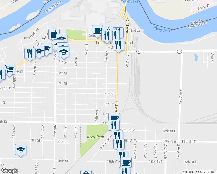map of restaurants, bars, coffee shops, grocery stores, and more near 321 7th Street in International Falls