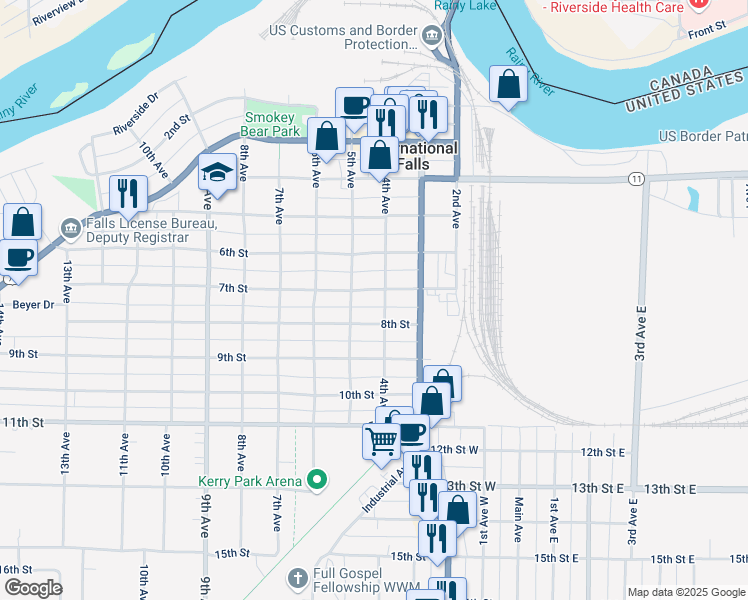 map of restaurants, bars, coffee shops, grocery stores, and more near 321 7th Street in International Falls