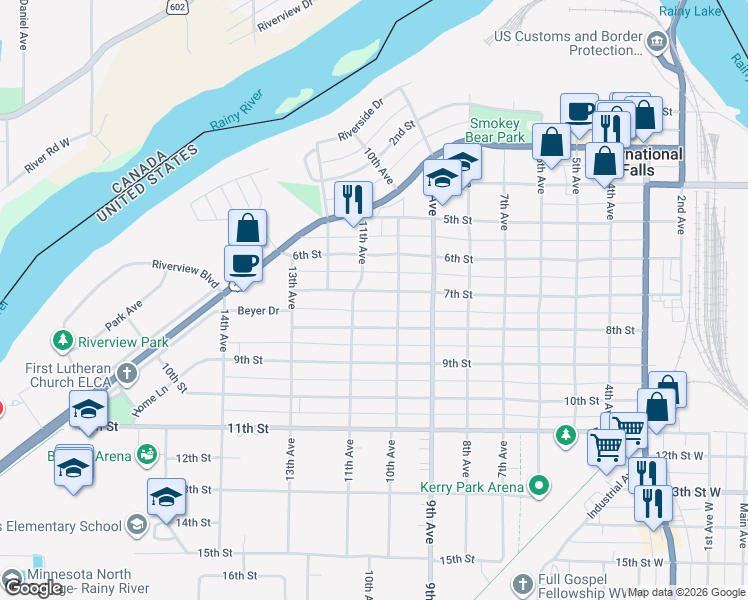 map of restaurants, bars, coffee shops, grocery stores, and more near 1015 7th Street in International Falls