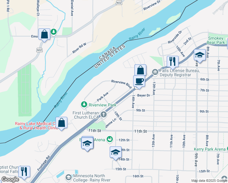 map of restaurants, bars, coffee shops, grocery stores, and more near 107 Park Avenue in International Falls