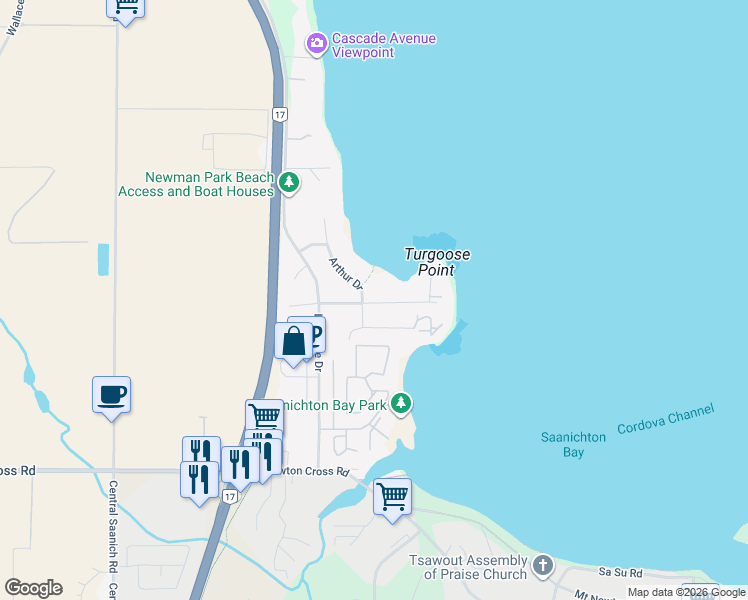 map of restaurants, bars, coffee shops, grocery stores, and more near 2602 James Island Road in Saanichton