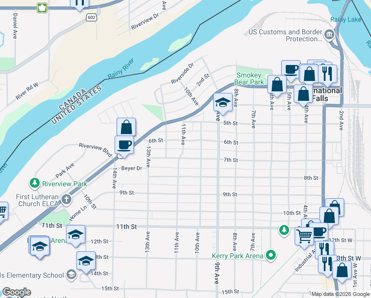 map of restaurants, bars, coffee shops, grocery stores, and more near 1015 7th Street in International Falls