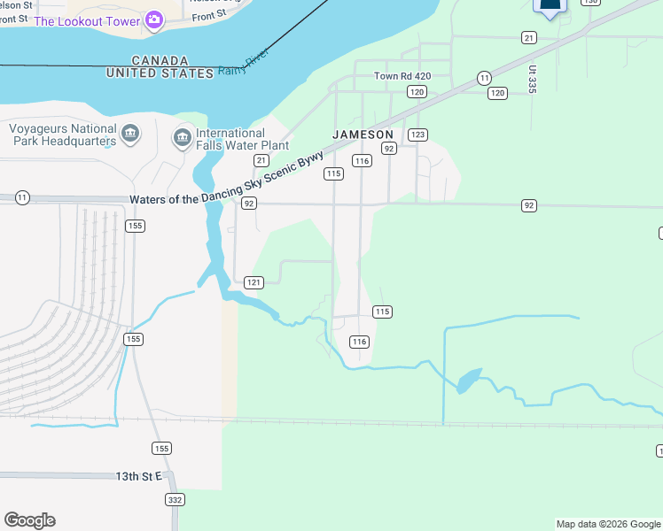 map of restaurants, bars, coffee shops, grocery stores, and more near 2155 County Road 115 in International Falls