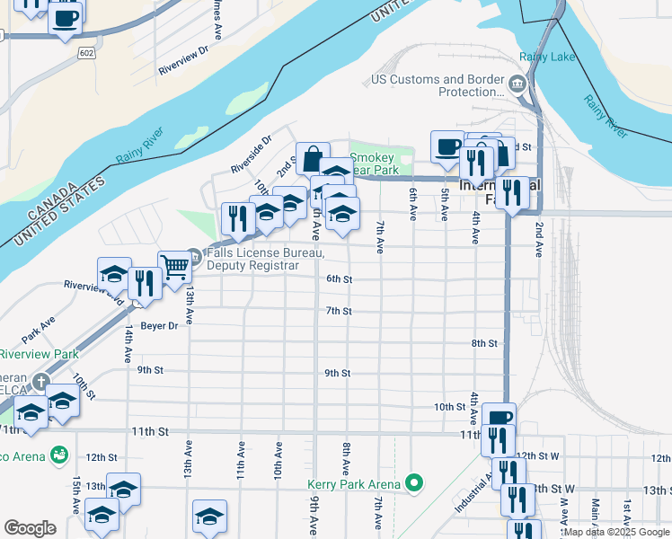 map of restaurants, bars, coffee shops, grocery stores, and more near 509 9th Avenue in International Falls