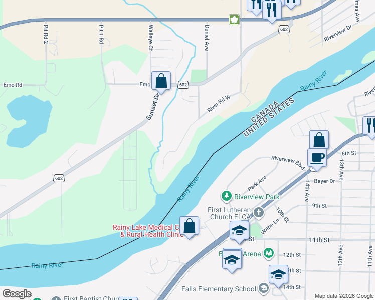 map of restaurants, bars, coffee shops, grocery stores, and more near 1135 River Road West in Fort Frances