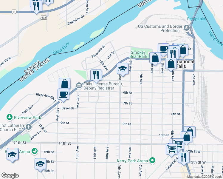 map of restaurants, bars, coffee shops, grocery stores, and more near 922 6th Street in International Falls