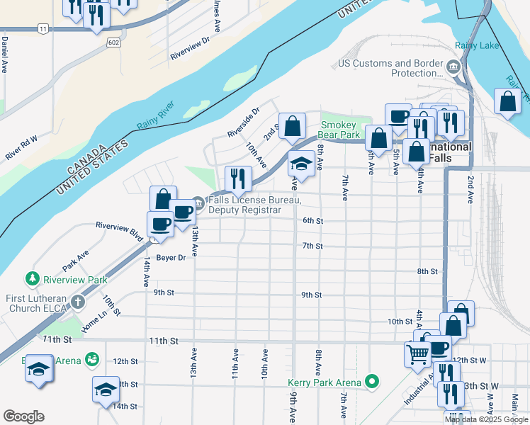 map of restaurants, bars, coffee shops, grocery stores, and more near 922 6th Street in International Falls