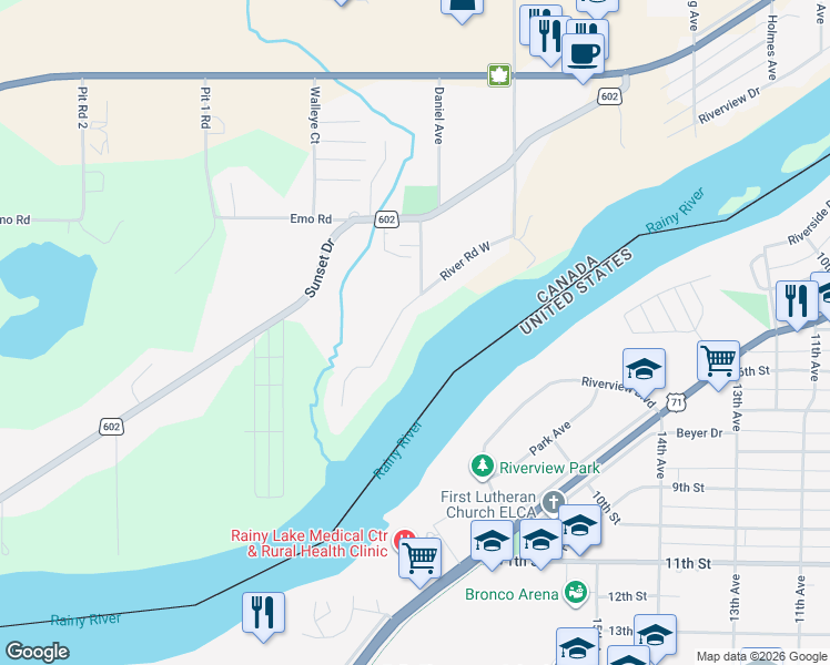 map of restaurants, bars, coffee shops, grocery stores, and more near 1135 River Road West in Fort Frances