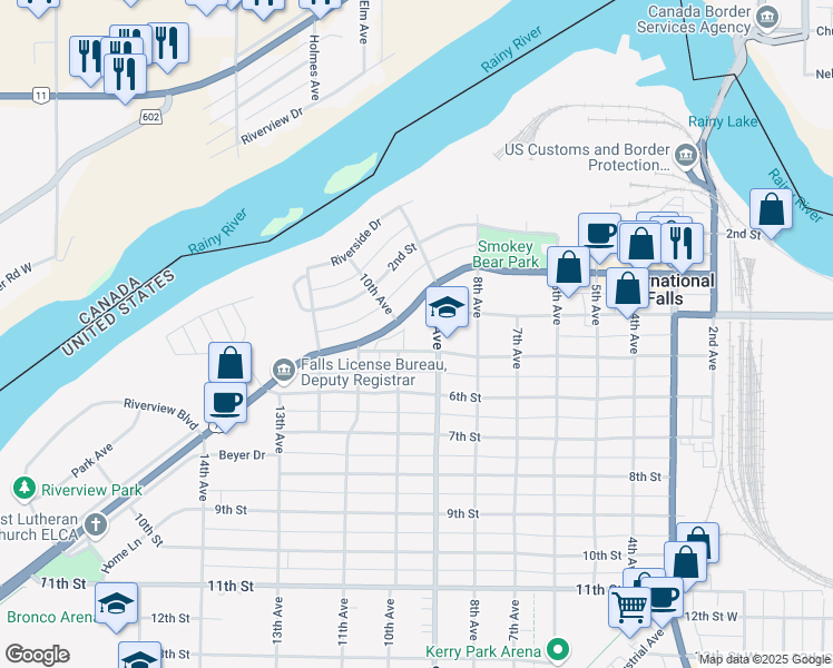 map of restaurants, bars, coffee shops, grocery stores, and more near 900 5th Street in International Falls