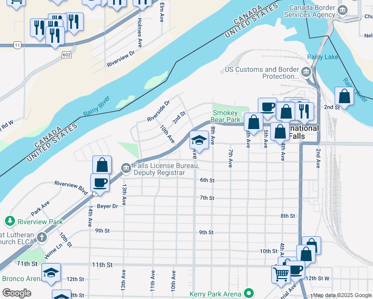 map of restaurants, bars, coffee shops, grocery stores, and more near 900 5th Street in International Falls