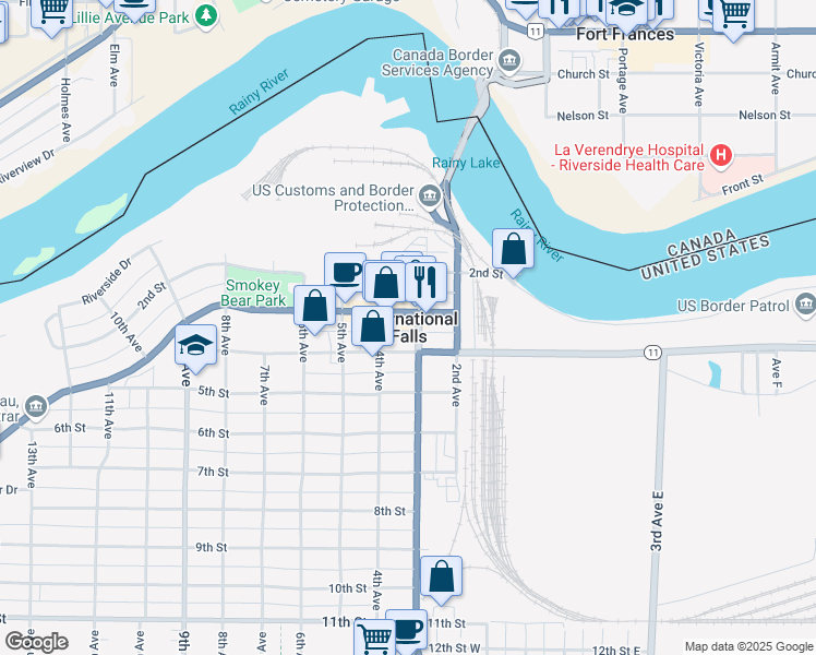 map of restaurants, bars, coffee shops, grocery stores, and more near in International Falls
