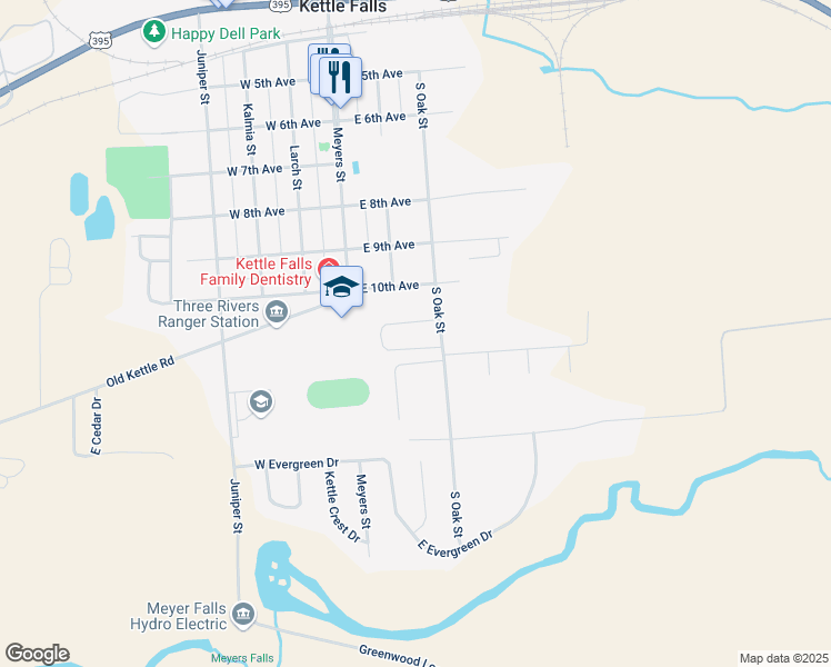 map of restaurants, bars, coffee shops, grocery stores, and more near 285 Horseshoe Drive North in Kettle Falls
