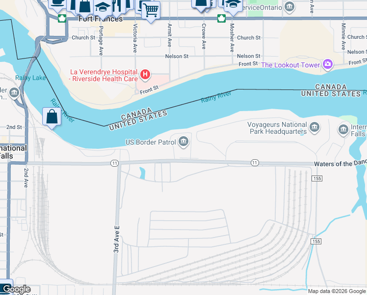 map of restaurants, bars, coffee shops, grocery stores, and more near 3840-3850 State Highway 11 in International Falls