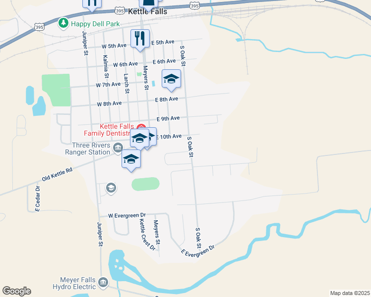 map of restaurants, bars, coffee shops, grocery stores, and more near 285 Horseshoe Drive North in Kettle Falls