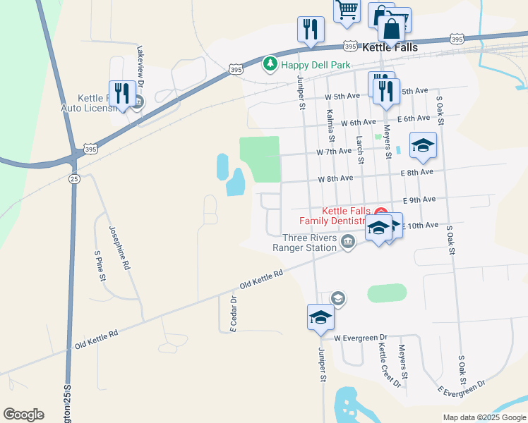 map of restaurants, bars, coffee shops, grocery stores, and more near 890 South Ivy Street in Kettle Falls