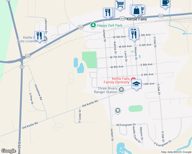 map of restaurants, bars, coffee shops, grocery stores, and more near 890 South Ivy Street in Kettle Falls