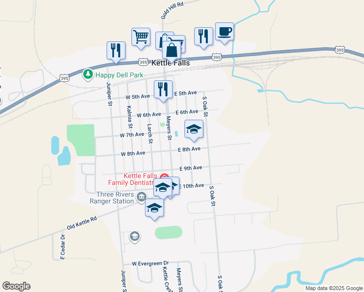 map of restaurants, bars, coffee shops, grocery stores, and more near 165 East 8th Avenue in Kettle Falls