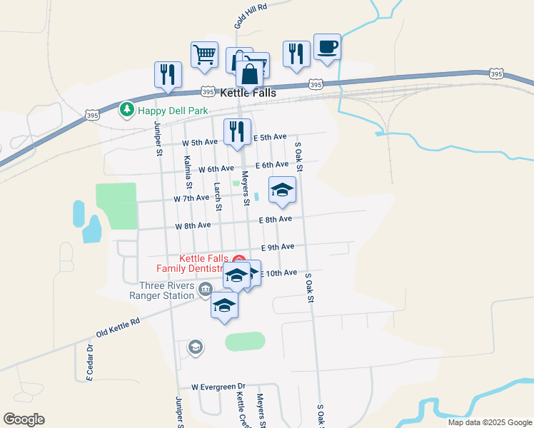 map of restaurants, bars, coffee shops, grocery stores, and more near 165 East 8th Avenue in Kettle Falls