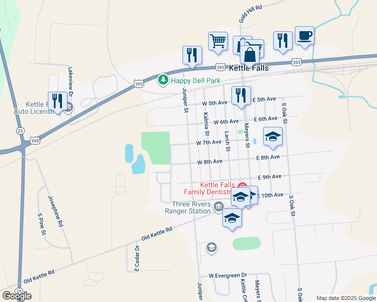 map of restaurants, bars, coffee shops, grocery stores, and more near 735 Juniper Street in Kettle Falls