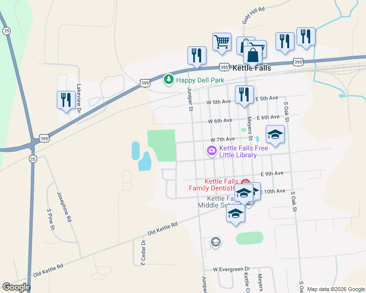 map of restaurants, bars, coffee shops, grocery stores, and more near 465 West 7th Avenue in Kettle Falls
