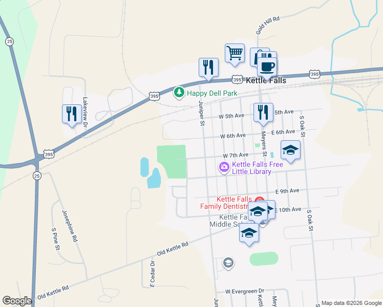 map of restaurants, bars, coffee shops, grocery stores, and more near 465 West 7th Avenue in Kettle Falls