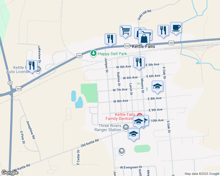 map of restaurants, bars, coffee shops, grocery stores, and more near 735 Juniper Street in Kettle Falls