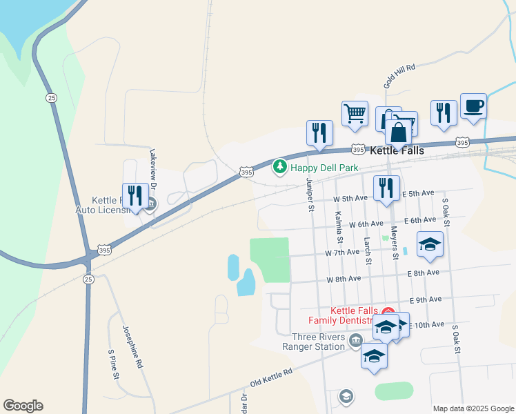 map of restaurants, bars, coffee shops, grocery stores, and more near 623 State Route 20 in Kettle Falls