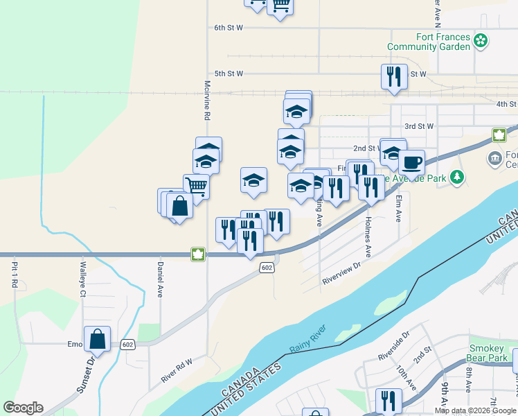 map of restaurants, bars, coffee shops, grocery stores, and more near 440 Mcirvine Road in Fort Frances