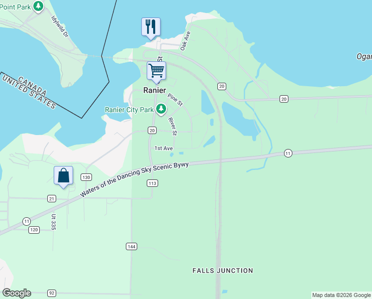 map of restaurants, bars, coffee shops, grocery stores, and more near 3457 1st Avenue in International Falls