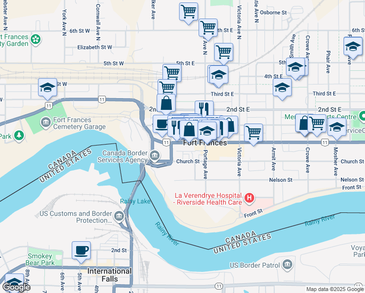 map of restaurants, bars, coffee shops, grocery stores, and more near 234 Scott Street in Fort Frances