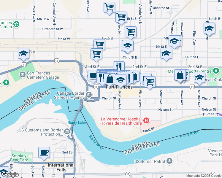 map of restaurants, bars, coffee shops, grocery stores, and more near 259 Ontario 11 in Fort Frances