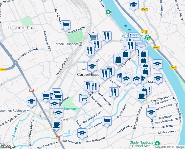 map of restaurants, bars, coffee shops, grocery stores, and more near in Corbeil-Essonnes