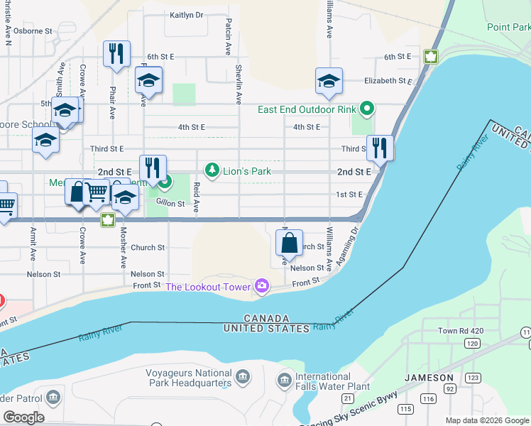 map of restaurants, bars, coffee shops, grocery stores, and more near 1034 Scott Street in Fort Frances