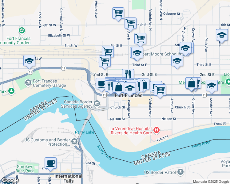 map of restaurants, bars, coffee shops, grocery stores, and more near 234 Scott Street in Fort Frances
