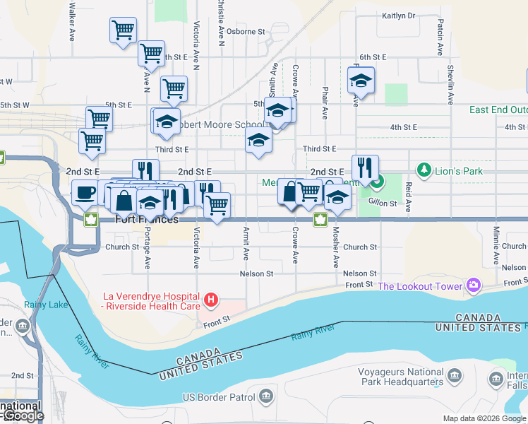 map of restaurants, bars, coffee shops, grocery stores, and more near 530 Scott Street in Fort Frances