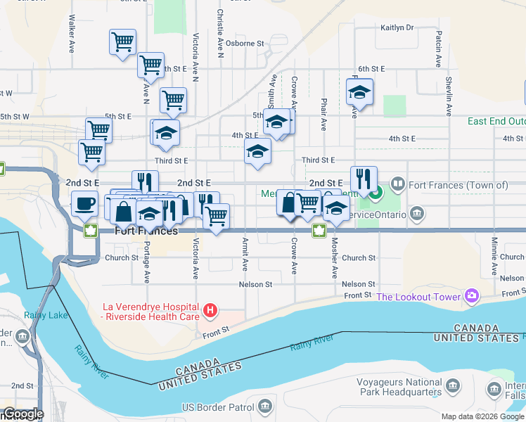 map of restaurants, bars, coffee shops, grocery stores, and more near 515 1st Street East in Fort Frances