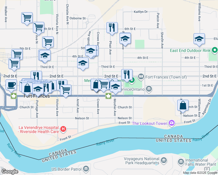 map of restaurants, bars, coffee shops, grocery stores, and more near 627 1st Street East in Fort Frances