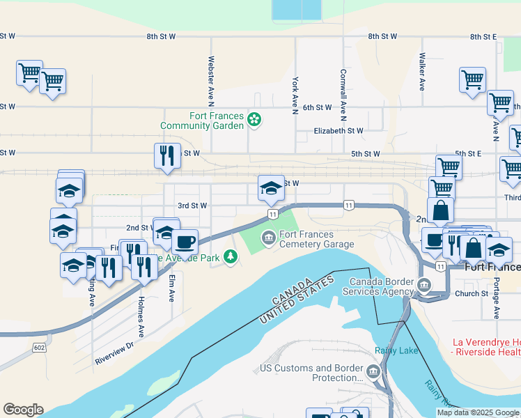 map of restaurants, bars, coffee shops, grocery stores, and more near 339 3rd Street West in Fort Frances
