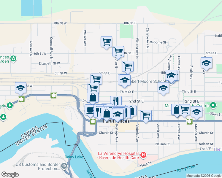 map of restaurants, bars, coffee shops, grocery stores, and more near 254 Third Street East in Fort Frances