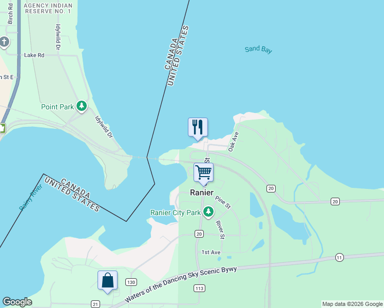 map of restaurants, bars, coffee shops, grocery stores, and more near 3489 Main Street in International Falls