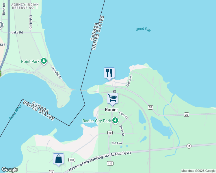 map of restaurants, bars, coffee shops, grocery stores, and more near 3489 Main Street in International Falls