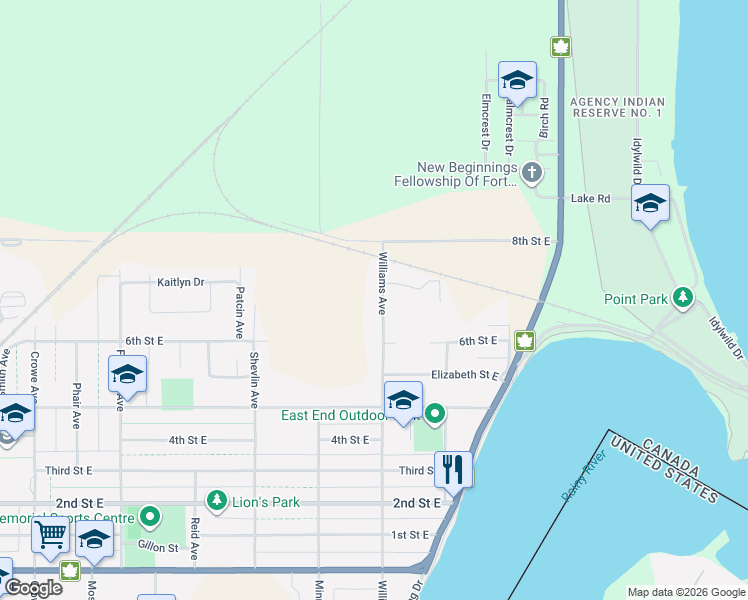 map of restaurants, bars, coffee shops, grocery stores, and more near 1039 Williams Avenue in Fort Frances