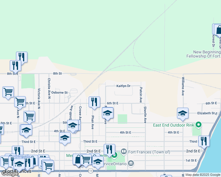 map of restaurants, bars, coffee shops, grocery stores, and more near 809 Kaitlyn Drive in Fort Frances