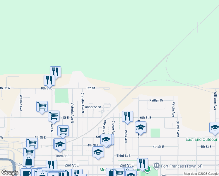 map of restaurants, bars, coffee shops, grocery stores, and more near 8th Street East in Fort Frances
