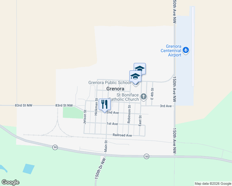 map of restaurants, bars, coffee shops, grocery stores, and more near in Grenora