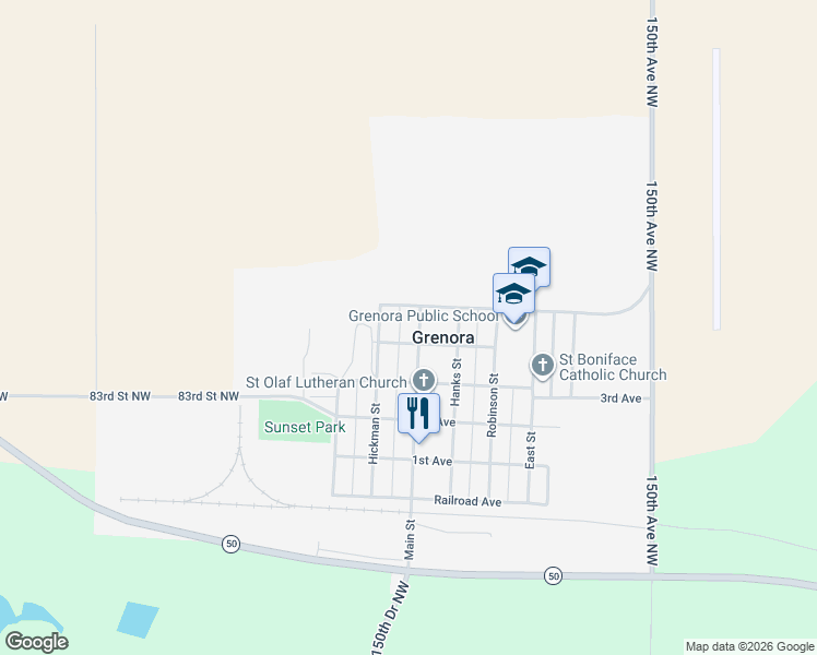 map of restaurants, bars, coffee shops, grocery stores, and more near 402 4th Avenue West in Grenora