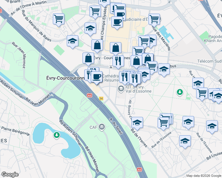 map of restaurants, bars, coffee shops, grocery stores, and more near 31 Cours Monseigneur Roméro in Évry-Courcouronnes