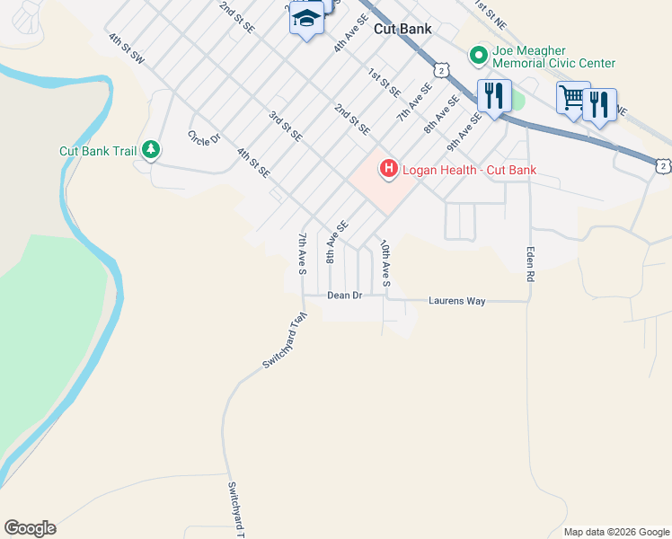map of restaurants, bars, coffee shops, grocery stores, and more near 417 8th Avenue Southeast in Cut Bank